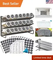 Compact 3-Tier Spice Rack Organizer with Glass Jars, Labels & Funnel Set - Black