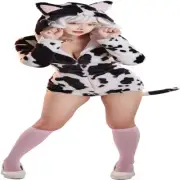 Bodycon Romper Pajama Black White Cow Pattern Long Sleeve Zipper Bodycon