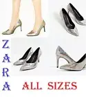 ZARA Shiny Silver Pumps Front Top-Stitching Stiletto Heel Pointed Dressy Shoes