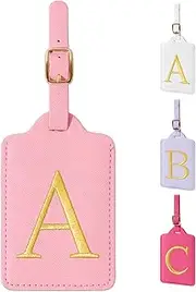 [izuzta] Personalized Initial Luggage Tags for Suitcase, Pink Leather Cute Luggage Tags with Privacy Cover Name Card, Embroidered Custom Monogrammed Luggage Tag Travel Bag Baggage Tags Gifts for Women Kids(A)