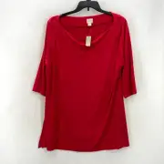 Chico's Tunic Top Women's 4 Red Portrait Neck 3/4 Sleeve Stretch Side Split NWT
