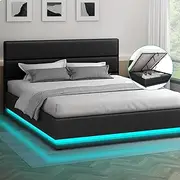 ALFORDSON Gas Lift Storage Bed Frame Base with Headboard & LED Light Bertold Series, Mattress Topper Platform Foundation with Linen Fabric Upholstery, 320kg Capacity, Queen, Charcoal Colour