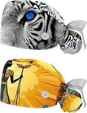 [YTYVAGT] 2-Pc,Nurse Scrub Caps,Scrub Hats with Buttons and Cotton Sweatband,Blue Eyes White Tiger