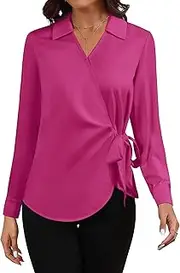 [JMITHA] Women Satin Silk Blouse Wrap Tie Knot Front V Neck Long Sleeve Shirt Casual Office Work Tunic Pullover Top