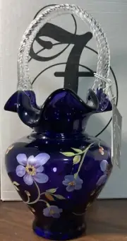 Beautiful Fenton Art Glass Royal Purple HandPainted Basket Signed & #/1750 W/Box