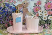 KASSATEX Pink Scalloped Gold Edge Coquette Soap Dispenser, Brush Holder & Tray