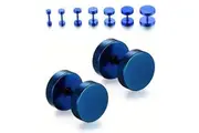 Pair Blue Flat Round Barbell Plug Stud Earrings 316 Stainless Steel Mens Unisex