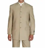 New Men's Mandarin Collar Pin Stripe Church Suit Jacket & pants Tan 38R~60L