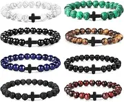 [sailimue] 8 Pcs Cross Bead Bracelets for Women Men 8mm Tiger Eye Lava Rock Stone Stretch Elastic Cross Bracelet Set