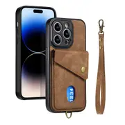 Lanyard Phone Case Wallet PU Flip Closure Wrist Holder iPhone Cases-Brown