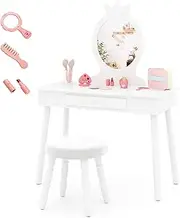 HONEY JOY Kids Vanity Set with Real Mirror & Cushioned Stool, Crown Shape Princess Makeup Dressing Table Stool Set with Drawer & Solid Wood Legs, Wooden Vanity Set for Little Girls (White)