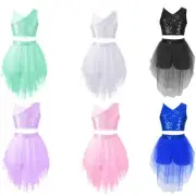 iEFiEL Girl 2Pcs Lyrical Dance Costume One Shoulder Sequins Crop Vest With Skirt