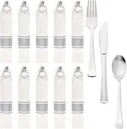 10 Pack Plastic Cutlery Set, Elegant Plastic Silverware Set, Reusable Flatware Set, Tableware Party Cutlery, Camping Cutlery Combo with Spoon Knife Fork Sets Wrapped in White Napkin (Silver)