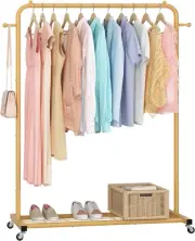 Sywhitta Clothes Rack on wheels, Clothing Rack with Bottom Mesh Storage Shelf,St