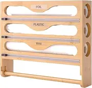 AIMALL Wall Mounted Bamboo Kitchen Wrap Dispenser – 3-Cell Food Storage Film Cutter & Foil Organizer Box with Sliding Blade for Cling Film, Aluminium Foil, and Wax Paper (35.3x30cm)