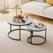 Advwin Nesting Coffee Table Set of 2 Marble Effect 70 & 50cm Side End Table Light Grey