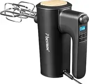 [Bestron] Electric kitchen mixer, powerful hand mixer with 6 speeds, turbo function and LCD display, comes with 2 whisks and 2 dough hooks, light weight of 1 kg, colour: black/wood