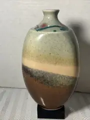 Vintage Paul Jeselskis Studio Art Pottery Vase Earth Tone Drip Glaze Pink Blue