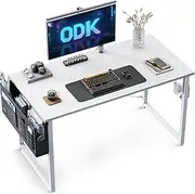 ODK 40inch Computer Desk with Storage Bag&Metal Legs,Home Office Desk with Headphone Hook, Modern Computer Tale, Writing Table, Simple Style PC Table for Work Study Writing,White,100 * 48 * 73.7cm
