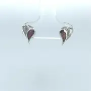 925 Sterling Silver Stud Earrings, Small Half Filled Heart Stud Post, Pink Opal