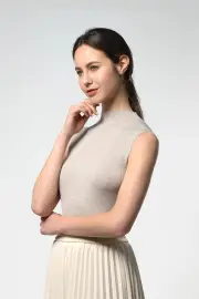 Teresa Tank Top – 100% Wool Super Fine High Neck Ribbed Tank Top, Beige Grey / XL