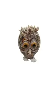 Vintage 1980's Shell Art Owl Toothpick Holder with yellow googly eyes