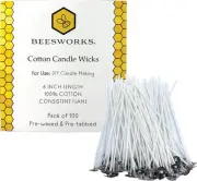 100 Piece Cotton Candle Wick 6" Pre-Waxed for Making, DIY