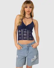 EDIKTED Womens Jada Open Back Crochet Top NAVY