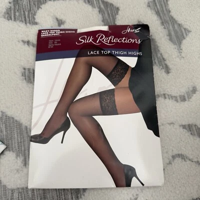 HANES SILKY SHEER LACE TOP THIGH HIGHS SANDLEFOOT SIZE AB BARELY BLACK NEW