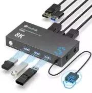 DisplayPort KVM Switch 3 USB 3.0 Hub 8K@60Hz For 2 Computers - 1 Monitor ✅