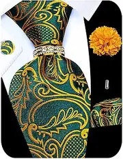 [Kerfado] 5PCS Paisley Tie and Pocket Square for Men, Silk Tie Handkerchief Cufflinks with Drilled Tie Ring and Lapel Pin Set