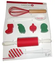 CHRISTMAS 8 Pc. BAKING TOOL SET~WHISK/SPATILA/SPOON/ROLLING PIN/STAMPERS
