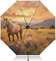 [PDZRMY] UV Protection Travel Umbrella Sunset Grassland Horse Compact for Rain and Sun - Auto Open and Close UPF 50+ Windproof Portable 46” Sun Umbrella for Women and Men