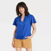 Knox Rose Top Womens Blue Flutter Sleeve Eyelet Lace XS