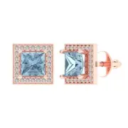 2.3ct Princess Round Cut Halo Blue Stud Solitaire Earrings 14k Rose Solid Gold