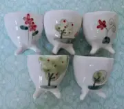 Set/5 Handpainted Egg Cups Apple Trees Flowers Whimsical CottageCore Footed