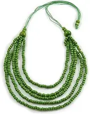 [Avalaya] Lime Green Multistrand Layered Wood Bead with Cotton Cord Necklace - 90cm Max Length- Adjustable, cords Wood