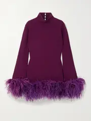 [Taller Marmo] Taller Marmo - Gina Feather-trimmed Crepe Mini Dress - Burgundy - IT40 IT 40 Burgundy
