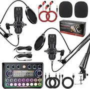 Podcast Equipment Bundle, Streaming Equipment with 2 Condenser Microphone and Mic Arm,Soundboard,Audio Interface,Plug-and-Play,Perfect for Streaming, Singing, YouTube & Gaming