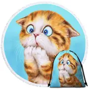 Funny Kittens Worried Ginger Kitty Cat over Blue Round Beach Towel