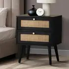 Black Bedside Table with 2 Rattan Drawers End Table Storage Cabinet