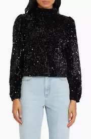Sanctuary All Nighter Black Sequin Mock Neck Zipper Blouse Top L71805 Size Small