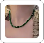 [Xduargs] Boho Green Beads Choker Necklace Green Glass Bead Strand Necklace Vintage Round Beaded Necklace Adjustable Beads Collar Necklace Jewelry for Women, Zinc