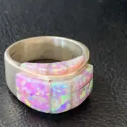 Pink Opal Indian Navajo Sterling Silver Band Inlay Ring Size 9 12406