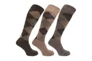 Mens Traditional Argyle Pattern Long Length Lambs Wool Blend Socks (Pack Of 3) (Shades of Brown) (UK Shoe 6-11, EUR 39-45)