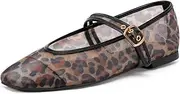 [SHOBOO] Women's Mesh Ballet Mary Jane Flats Shoes with Adjustable Strap, Square Closed Toe, Leopard Print, Sizes 5.5-11