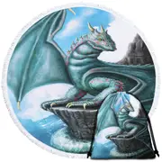Blue Dragon Cliff Fantasy Art Round Beach Towel