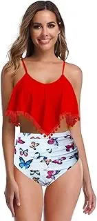 [Kaariss] Women Retro Flounce High Waisted Bikini Halter Neck Two Piece Swimsuit