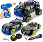 REMOKING 3 in 1 Car Toys for Kids, Take Apart Racing Car with Electric Screwdriver Tool,Light,Sounds,Construction Set STEM Building Learning Game for 3+ Year Old Boys and Girls