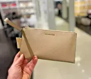 Michael Kors Jet Set Large Women Leather Top Zip Clutch Wristlet Wallet (Camel)